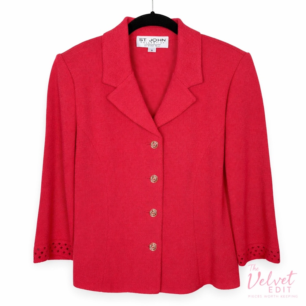St. John Marie Gray Santana Knit Blazer Jacket Pink Coral Gold Button Size 6